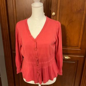 CAbi #900 Coral SILK blend 3/4 sleeve cardigan with buttons. Size Large